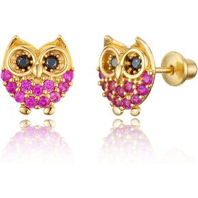 14k Gold Plated Brass Red Owl Cubic Zirconia Screwback Baby Girls Earrings with Sterling Silver Post