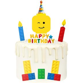 Building Blocks Cake Topper, Color Construction Bricks Cake Decorations Set, Candle Idea Building Bricks Happy Birthday Cake Toppers, Bulid Party Supplies Theme for Boys Girls Kids Baby