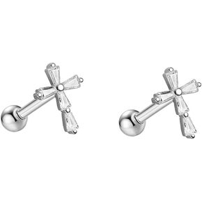 Crystal Cross Cartilage Small Stud Earrings for Women Teen Girls Cubic Zirconia Criss Faith Tragus Screw Back Tiny Ball Labret Barbell Studs Sleeper Hypoallergenic Earring Dainty Jewelry Gifts 20G