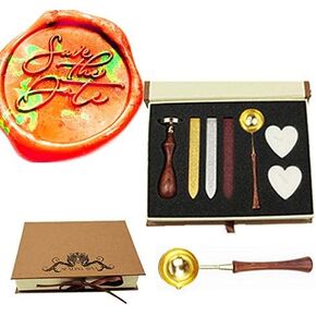 Vintage Save The Date Monogram Wax Seal Sealing Stamp Kit with Rosewood Handle Impressive Gift Idea Love Letter Gift Package Envelopes Wedding Invitations Parcels Cards Letters Sealing Stamp