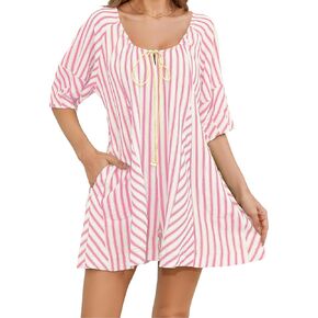 Womens Summer Striped Romper Casual Oversized Puff Short Sleeve Wide Leg Short Jumpsuits Overalls(Pink-S), Small