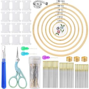 Zxiixz 72 Pcs Cross Stitch Supplies, Embroidery Hoops Kits with 6 Pcs Embroidery Hoops, Embroidery Needles, Vintage Scissors, Floss Bobbins and Seam Ripper, Cross Stitch Kit for Beginners Craft Sewing