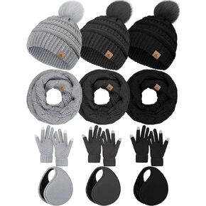 15PCS Womens Winter Gloves Earmuffs Scarf Winter Hats, Touch Screen Gloves Women Plush Ear Warmer Knit Scarf Hat Set Adults
