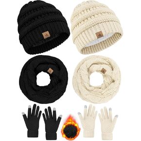 Winter Beanie Hat Scarf Gloves, 2 Set Warm Fleece Knit Winter Hats Touch Screen Gloves Neck Scarf Set Winter Gifts Women