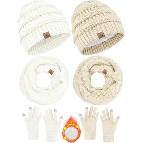 Winter Beanie Hat Scarf Gloves, 2 Set Warm Fleece Knit Winter Hats Touch Screen Gloves Neck Scarf Set Winter Gifts Women