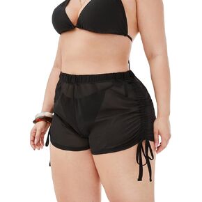 Milumia Women's Plus Size Drawstring Sheer Bikini Bottom Mesh Swimsuit Cover Up Shorts