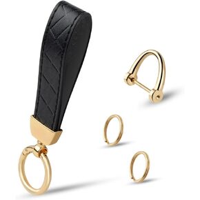 Leather Car Keychain Key Fob with Anti-Lost D-Ring & 2 Keyrings Car Key Ring for Women Men Leather Car Key Chain Holder Universal Key Chains with 360 Degree Rotatable Genuine Keys Chains (Black)