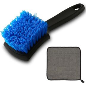 Wheel & Tire Cleaner Brush, Rim Detail Soft Brush with Handle Car Wash Brush, Essential Cleaning Supplies for Washing The Exterior of Your car, RV Tire Wheel Well Shine Tool. (Black bristles)