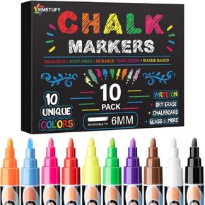 أقلام تحديد الطباشير Simetufy - 10 قطع نابضة بالحياة، قابلة للمسح، غير سامة، مائية، أطراف قابلة للعكس، للأطفال والكبار لأقلام التحديد الزجاجية أو السبورة للشركات والمطاعم وأقلام الطباشير السائل (6 مم) in Kuwait