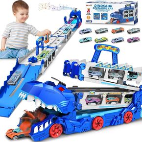 Carrier Truck Toys for Kids, 6-FT Race Track and 8 Die-Cast Metal Toy Cars, Dinosaur with Race Track Ultimate Transporter, Racing Car with Sound Toddler Toys Gifts for Age 3 4 5 6 7 8Years Old