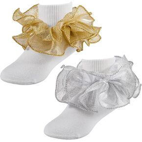 Girls Ruffle Socks Shiny Double Lace Frilly Socks Cotton Dress Socks Kids Turn Cuff Pageant Socks for Big Little Girl