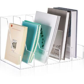 Suzile 5 Slots Acrylic Magazine Holder Clear A4 Vertical File Organizer Desk Book Rack Bookshelf for Desk Sorter Paper Folder Binders Office Accessories