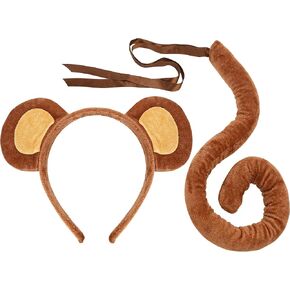Monkey Ears and Tail Costume Accessories Headband Set Hair Hoop Cosplay Faux Headdress Clip for Adult Dance Fancy Party Performance Giraffe Leopard Tiger Zebra Jungle Supplies Carnival Halloween