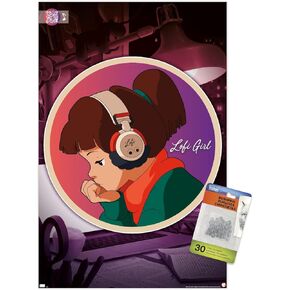 Trends International Lofi Girl - Circle Wall Poster, 14.72" x 22.37", Premium Poster & Push Pin Bundle