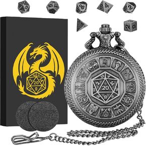 Mini DND Dice Set, Center Number Dice Pocket Watch Case, 7 Pieces Polyhedral Metal D&D Dice, DND Gift with Gift Box, Role Playing Board Game Accessories, Dark Silver