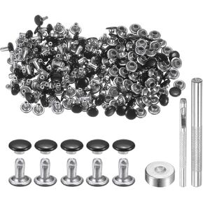HARFINGTON 100 Sets Leather Rivets 8mm x 10mm Metal Double Cap Rivet Snaps Studs Fasteners with 3pcs Setting Tools Rivets for Leather Craft DIY Repair Decoration, Matte Black