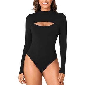 LYANER Women's Mock Neck Sexy Cutout Front Long Sleeve Slim Fit Bodysuit Leotard Top