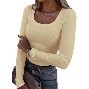 Womens Long Sleeve Scoop Neck Shirts Ribbed Knit Tops Slim Fitted Tees Basic Casual Fall Outfits