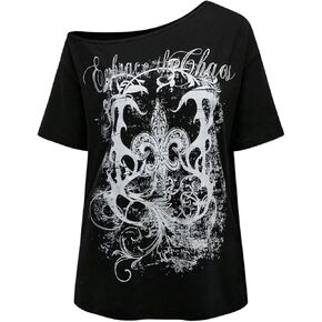 SOLY HUX Women's Off The Shoulder Tops Graphic Tees Y2k Vintage Gothic Oversized T Shirts Streetwear