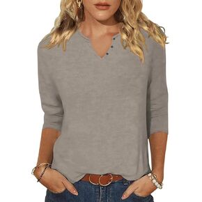 Woffccrd Womens Casual 3/4 Sleeve T-Shirts Button V Neck Summer Tunic Tops Loose Fit Shirts Solid Basic Tops