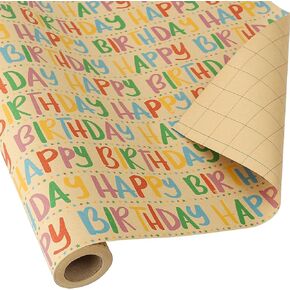 CAMKUZON Kraft Birthday Wrapping Paper Roll with Cutlines - Colorful Happy Birthday Text and Star Design - Gift Wrap Paper for Birthday Celebration Baby Shower, 17.4 Inch