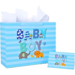 13" Large Baby Boy Gift Bag with Tissue Paper and Greeting Card for Kids, Baby Shower, Birthday Party（Cartoon animal design)