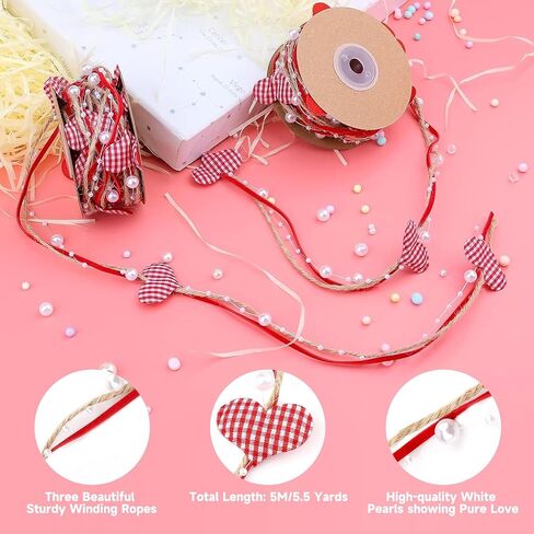 Valentine’s Ribbons, 1-1/2 Inches 5.5 Yards Burlap Ribbon with Pearls Beads Hearts for Gift Bouquet Wrapping Crafts Wreaths Hanging Wedding Party in Saudi Arabia