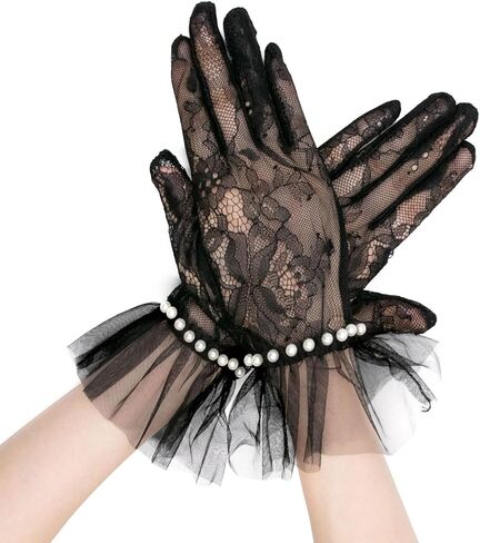 YAMEIZE Short Lace Mesh Gloves Tulle Border with Pearl Opera Tea Party Glove for Women Wedding Gloves for Bride in Saudi Arabia
