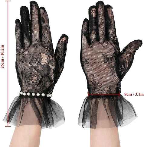 YAMEIZE Short Lace Mesh Gloves Tulle Border with Pearl Opera Tea Party Glove for Women Wedding Gloves for Bride in Saudi Arabia