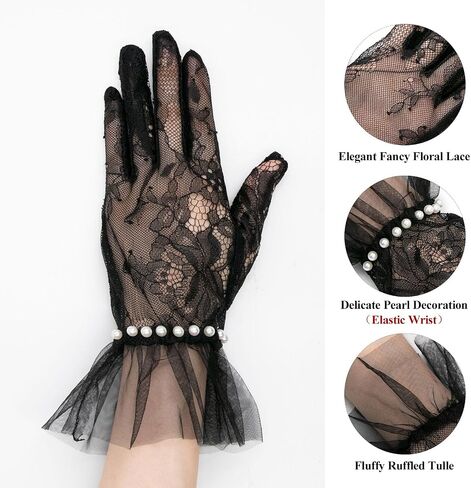 YAMEIZE Short Lace Mesh Gloves Tulle Border with Pearl Opera Tea Party Glove for Women Wedding Gloves for Bride in Saudi Arabia