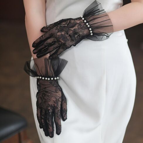 YAMEIZE Short Lace Mesh Gloves Tulle Border with Pearl Opera Tea Party Glove for Women Wedding Gloves for Bride in Saudi Arabia