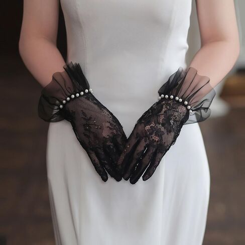 YAMEIZE Short Lace Mesh Gloves Tulle Border with Pearl Opera Tea Party Glove for Women Wedding Gloves for Bride in Saudi Arabia