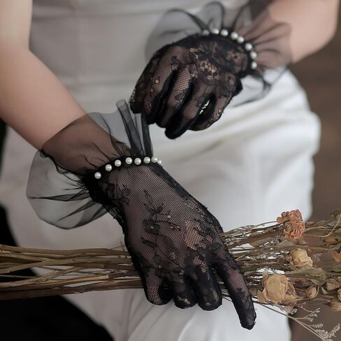 YAMEIZE Short Lace Mesh Gloves Tulle Border with Pearl Opera Tea Party Glove for Women Wedding Gloves for Bride in Saudi Arabia
