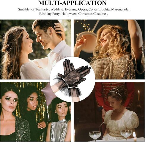 YAMEIZE Short Lace Mesh Gloves Tulle Border with Pearl Opera Tea Party Glove for Women Wedding Gloves for Bride in Saudi Arabia