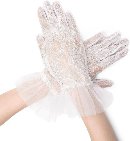 YAMEIZE قصيرة الدانتيل قفازات شبكية تول الحدود مع لؤلؤة أوبرا الشاي حفلة قفاز للنساء قفازات الزفاف للعروس in Kuwait