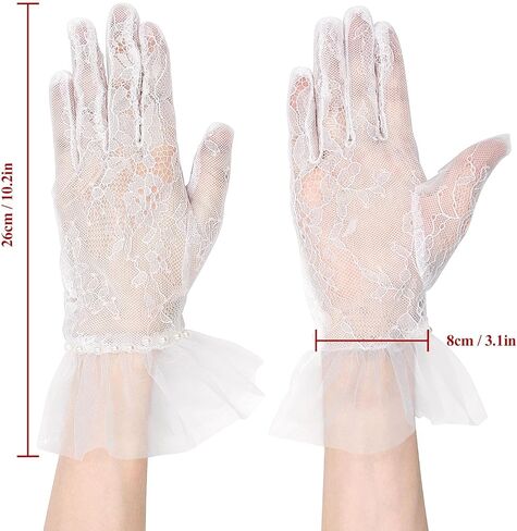 YAMEIZE قصيرة الدانتيل قفازات شبكية تول الحدود مع لؤلؤة أوبرا الشاي حفلة قفاز للنساء قفازات الزفاف للعروس in Kuwait
