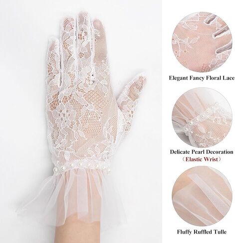 YAMEIZE قصيرة الدانتيل قفازات شبكية تول الحدود مع لؤلؤة أوبرا الشاي حفلة قفاز للنساء قفازات الزفاف للعروس in Kuwait