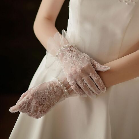 YAMEIZE قصيرة الدانتيل قفازات شبكية تول الحدود مع لؤلؤة أوبرا الشاي حفلة قفاز للنساء قفازات الزفاف للعروس in Kuwait