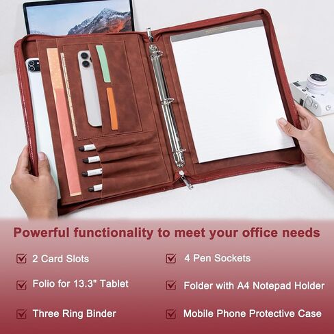AZXCG Embossed Portfolio Binder,3-Ring Zipper Padfolio for Women and Men (Red) in Saudi Arabia