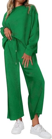 Muchpow Women's 2 Piece Outfits Fall Casual Long Sleeve Knit Pullover Top Drawstring Wide Leg Lounge Set in Saudi Arabia
