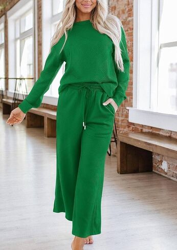 Muchpow Women's 2 Piece Outfits Fall Casual Long Sleeve Knit Pullover Top Drawstring Wide Leg Lounge Set in Saudi Arabia
