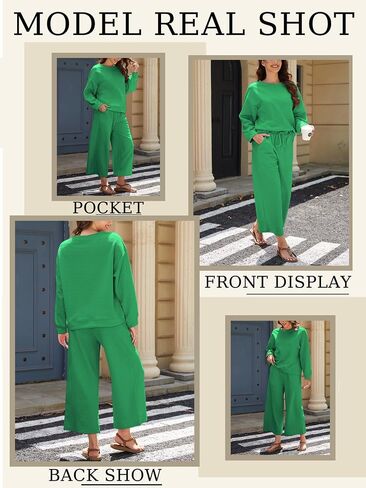 Muchpow Women's 2 Piece Outfits Fall Casual Long Sleeve Knit Pullover Top Drawstring Wide Leg Lounge Set in Saudi Arabia