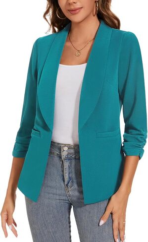 سترات نسائية كاجوال للعمل في الخريف 3/4 بأكمام مكشكشة وشال وطية صدر السترة العصرية للعمل والمكتب ملابس خارجية *أزرق مخضر، مقاس L* in Kuwait