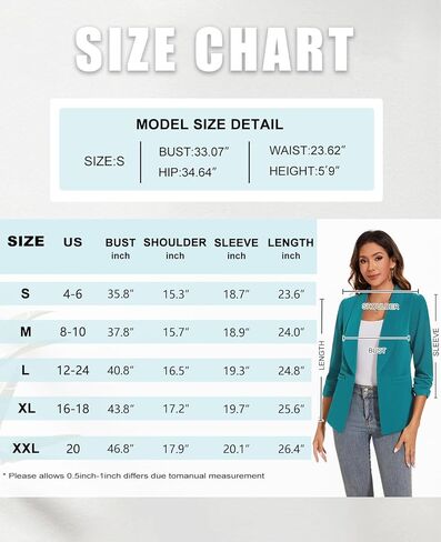 سترات نسائية كاجوال للعمل في الخريف 3/4 بأكمام مكشكشة وشال وطية صدر السترة العصرية للعمل والمكتب ملابس خارجية *أزرق مخضر، مقاس L* in Kuwait