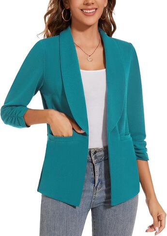 سترات نسائية كاجوال للعمل في الخريف 3/4 بأكمام مكشكشة وشال وطية صدر السترة العصرية للعمل والمكتب ملابس خارجية *أزرق مخضر، مقاس L* in Kuwait