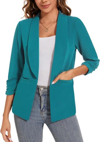 سترات نسائية كاجوال للعمل في الخريف 3/4 بأكمام مكشكشة وشال وطية صدر السترة العصرية للعمل والمكتب ملابس خارجية *أزرق مخضر، مقاس L* in Kuwait