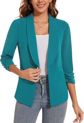 سترات نسائية كاجوال للعمل في الخريف 3/4 بأكمام مكشكشة وشال وطية صدر السترة العصرية للعمل والمكتب ملابس خارجية *أزرق مخضر، مقاس L* in Kuwait