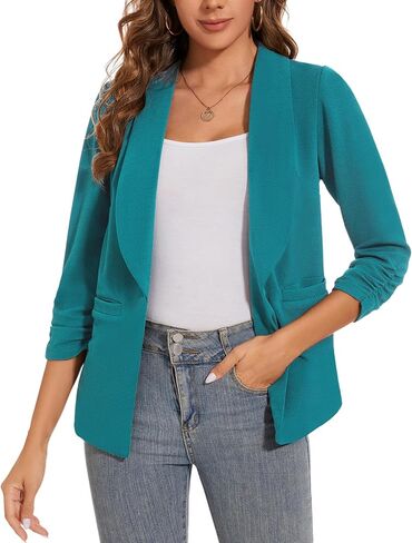 سترات نسائية كاجوال للعمل في الخريف 3/4 بأكمام مكشكشة وشال وطية صدر السترة العصرية للعمل والمكتب ملابس خارجية *أزرق مخضر، مقاس L* in Kuwait