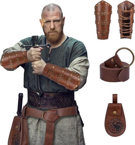 Medieval Viking Belt with Arm Guards Bags & Viking Fur Collar Renaissance Accessories for Halloween in Saudi Arabia