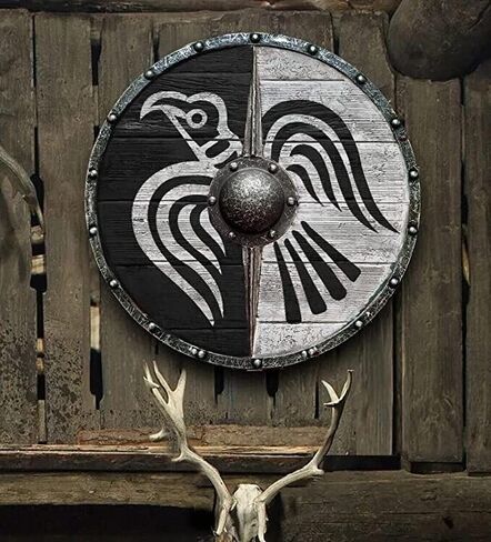 درع الفايكنج من القرون الوسطى Eivor Valhalla Raven Clan Norse أبيض وأسود درع من الخشب والحديد لديكور المنزل/التأثيري in Saudi Arabia